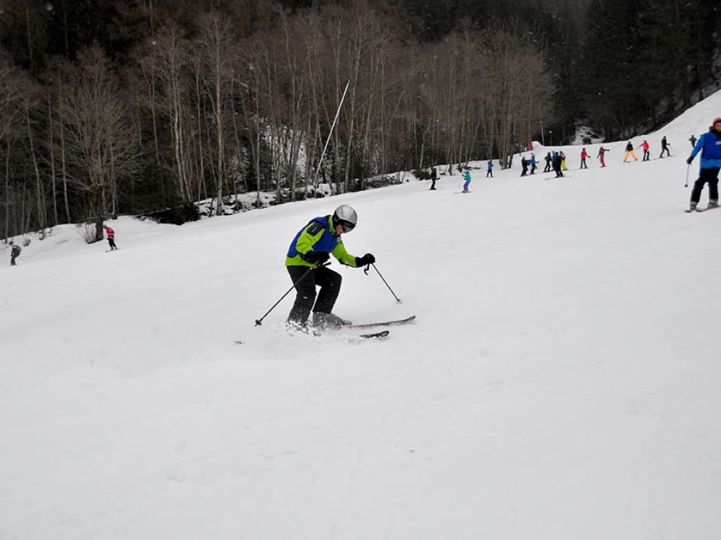Skifahrer in grüner Jacke auf der Waldpiste.